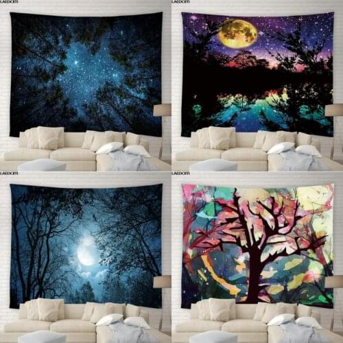 Forest Tapestry Wall Hanging Psychedelic Trees Stars Background Cloth Home Decor Big Tablecloth Night Scenery Bedspread Sheet