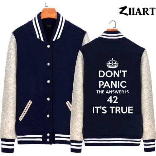 Don't Panic the Answer is 42 its True Hitchhikers Guide to the Gala Man jacket Boy Coat Single breasted Baseball Fleece ZIIART