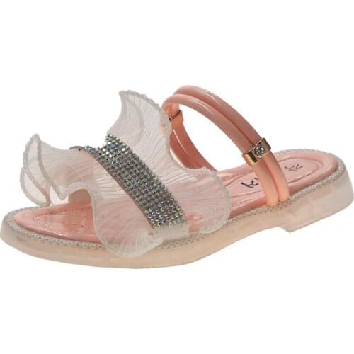 2 In 1 Sandals Girls Fashion Princess Kids Slippers Children Beach Slides Outdoor Anti-slip Rhinestone With Lace Sweet Toddlers