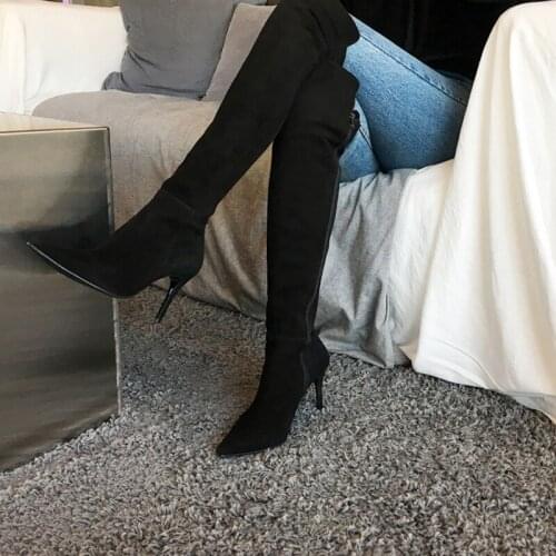 Sexy Leather Thigh High Boots Womens 6CM/8CM High Heels Over The Knee Boots Pointed Toe Stiletto Black Boots Size 33-42