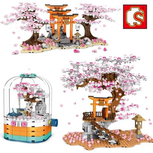 SEMBO City Creator Japanese Cherry Blossom Tree Flower Mini Street View Building Blocks Sakura Inari Shrine Model Friends Toys