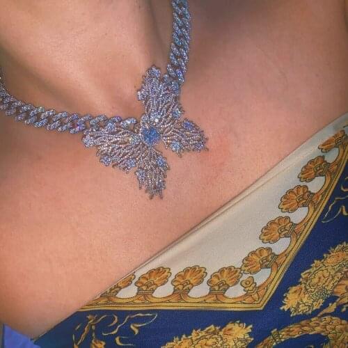 Silver Color 5mm Tennis Rainbow Butterfly Pendant Necklace 9mm CZ Cuban Chain Micro Pave Cubic Zircon Butterfly Choker Jewelry