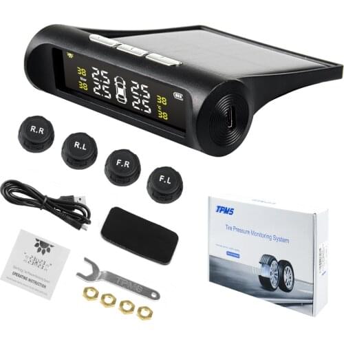 TPMS Car Tire Pressure Solar Power USB Monitoring System LCD Display 4 External Sensors Temperature Warning