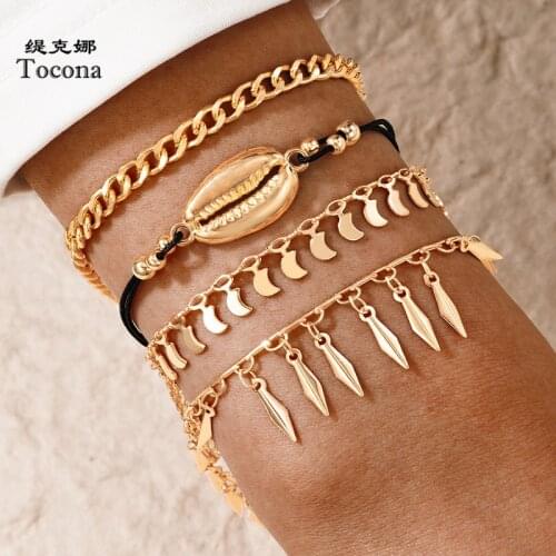 Tocona 4pcs/sets Bohemian Tassel Bracelets for Women Summer Shell Black Rope Handmade Adjustable Jewelry Wholesale 18041