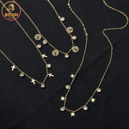 Akizoom Vintage Star Cross Lifetree Necklace Stainless Steel Charm Choker Pendant Necklace for Women Jewelry Birthday Party Gift