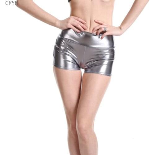 Woman Sexy Shorts Shiny PU Shorts Mid Waist Plus Size Adult Silver Metallic Rave Booty Shorts Dance Leather Shorts