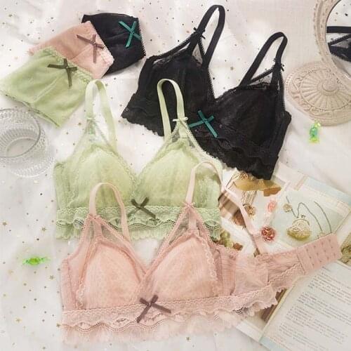 Wasteheart New Women Fashion Lace Bow Bra Sets Bralette Cotton Panties Padded Wireless Underwear Sexy Lingerie Sets Cup A B