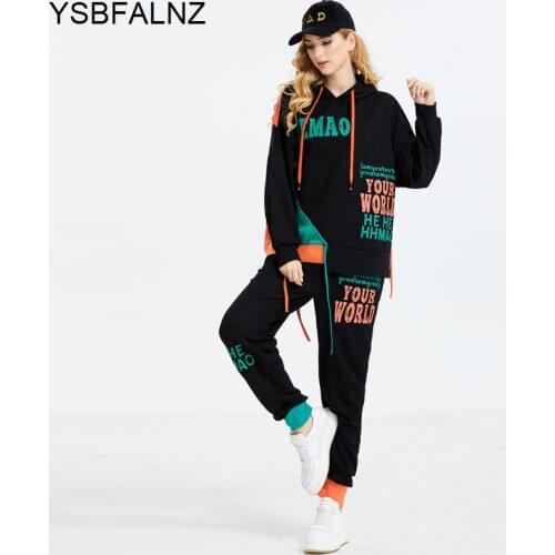 2021 European Luxury Brand Autumn Ladies Black Hoodies Tops + Elastic Pants Women Punk Printed Suits Cotton Loose Two Piece Sets
