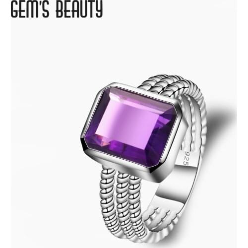 GEMS BEAUTY 925 Sterling Silver Natural Amethyst Rings 2021 Style Emerald Cut Birthstone Handmade Rings For Women Couple Gift