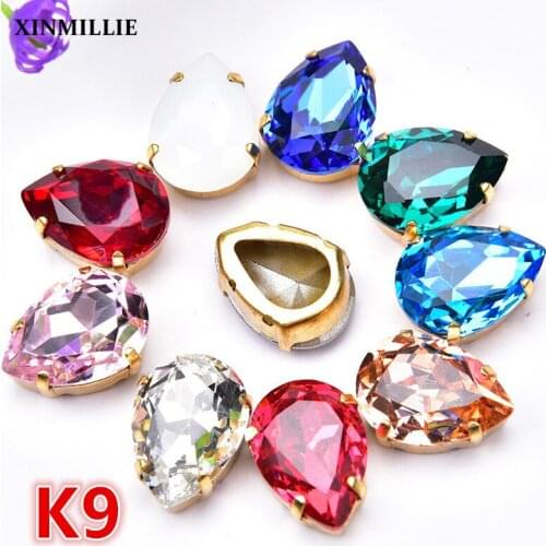 30pcs K9 Rhinestone Mixed Crystal 13*18mm Teardrop With Gold Claw Setting Sewing For Wedding Dress Decoration Strass Button DIY