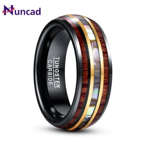 8mm Black Gold Inlaid Wood Grain Abalone Shell Tungsten Carbide Ring Mens Fashion Wedding Jewelry Best Gift Good Quality
