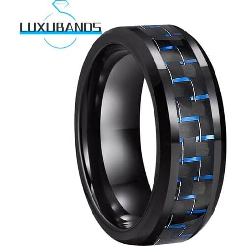 8MM Tungsten Wedding Bands For Women Men Blue&Black Carbon-Fiber Inlay Beveled Edges Polished Finished Comfort Fit