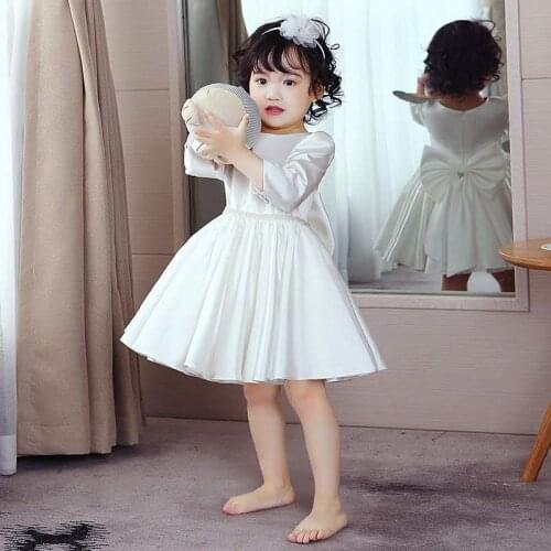 White Wedding Satin Princess Baby Girls Dress Long Sleeve Birthday Evening Party Infant Dress for Girl Christmas Baptism Clothes