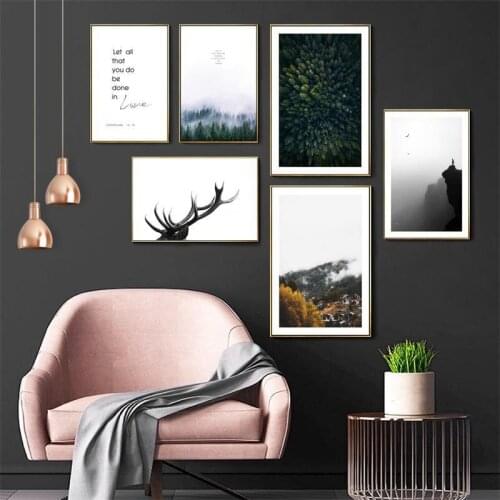 Black And White Nature Scenery Mountain Fog Stone Tree Abstract Motto Canvas Painting Wall Picture Poster Living Room Decoration