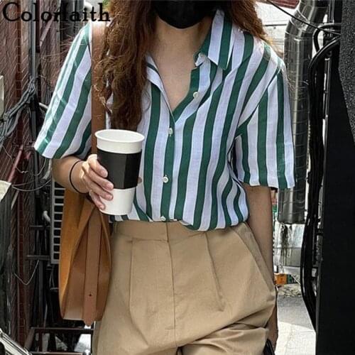 Colorfaith New 2021 Women Summer Blouses Shirts Vintage Korean Style Striped Elegant Lady Fashionable Female Wild Tops BL9717