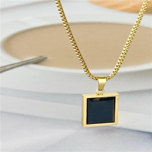 European and American ins jewelry stainless steel titanium steel gold square necklace inlaid with artificial black crystal neckl