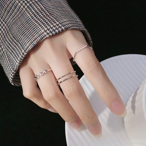 1pc thin 100% Authentic REAL.925 Sterling Silver Triangle /hexagon /Double Rows /Wave Geometric Ring Fingers C-J7564