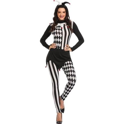 Black and White Funny Clown Costume Adult Women Halloween Cosplay Circus Clown Jumpsuit
