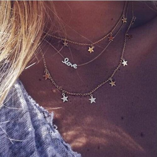 Fashion Multilayer Necklaces & Pendants Vintage Stars Letter Love Choker Necklace for Women Gold Collier Femme Party Jewelry