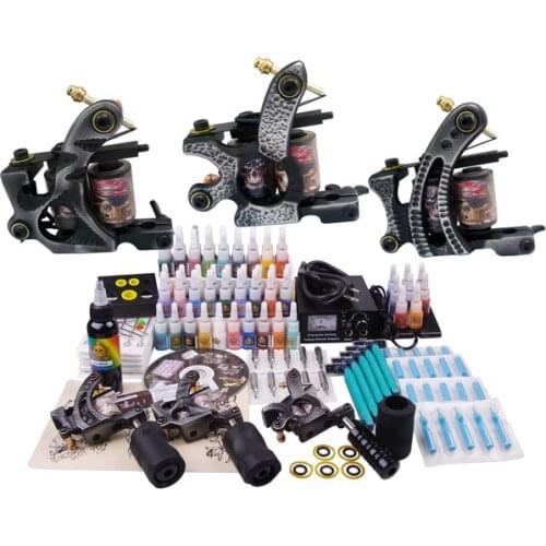 3 Machines Tattoo Kit Complete Equipment Needles 54 Colors Ink 50 Needles Grip Power Supply Set for Body Painting Art