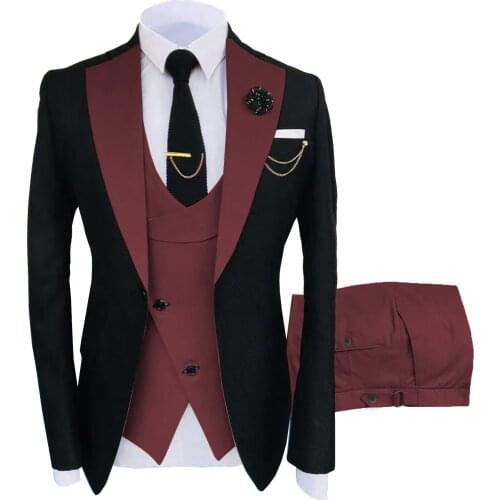 Brand New Men Suits Black and Burgundy Groom Tuxedos Notch Lapel Groomsmen 3 Pieces Set ( Jacket + Pants + Vest + Tie) D360