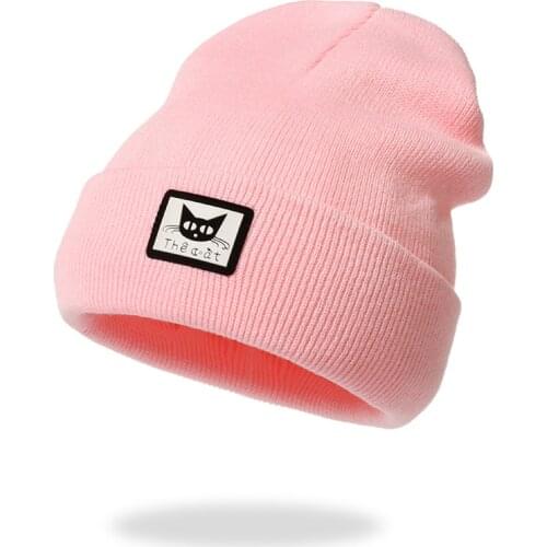 SHATANGJU Autumn Winter New Fashion Trendy Knitted Hat for Women Pink Solid Patch Cute Cat Cuffed Beanies Female Ski Hat Girls