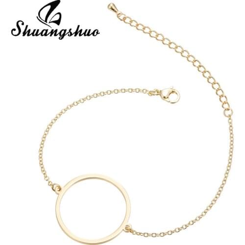 Shuangshuo Hollow Round Bracelets Gold Pendant Bracelets For Women Stainless Steel Long Chain Charm Big Circle Bracelet femme