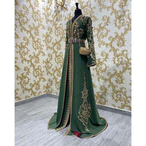 V-Neck Dark Green Embroidery Moroccan Kaftan Long Formal Evening Dress Saudi Arabic Dubai Muslim Special Occasion Gowns Beaded