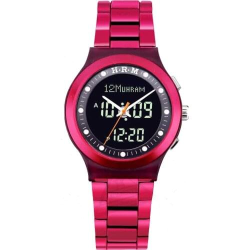 Prayer Watch For Muslim with Adhan Alarm Qibla DST Rhinestones AL-Harameen Lady Fajr Time Quartz Clock in Fashion Red Color
