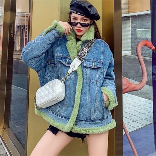 Lamb Hair Stitching Denim Cotton Women 2019 Winter Fashion New Loose Long-Sleeved Denim Warm Cotton Clothing Tide H00233