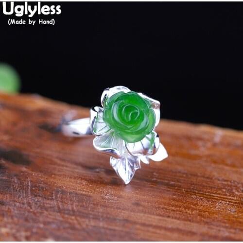 Uglyless Handmade Blooming Flower Real Silver Rings for Women 925 Silver Floral Open Rings Natural Jade Jasper Fine Jewelry R983