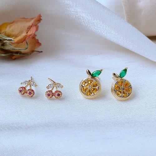 Shiny Side New Accessories Crystal Fruit Lemon Stud Earrings for Women Cute Small Zirconia Cherry Earrings