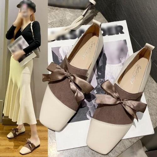 Womens Flat Shoes with Bowknot, Casual Ballet Flats, Comfortable Soft Leather Shoes (Square Toe, Mixed Color)