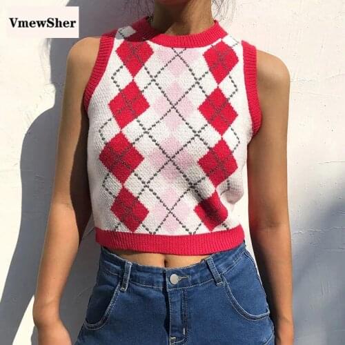 VmewSher Argyle Plaid Sweater Vest Women Preppy Style Knitted Tank Crop Tops Spring Autumn Sleeveless Vintage Pullover Jumper