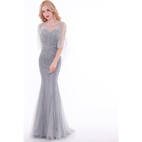 Finove Luxury Grey Evening Dresses 2020 Illusion Half Sleeve Backless Mermaid Floor Length Party Gowns Formal Dresses for Woman