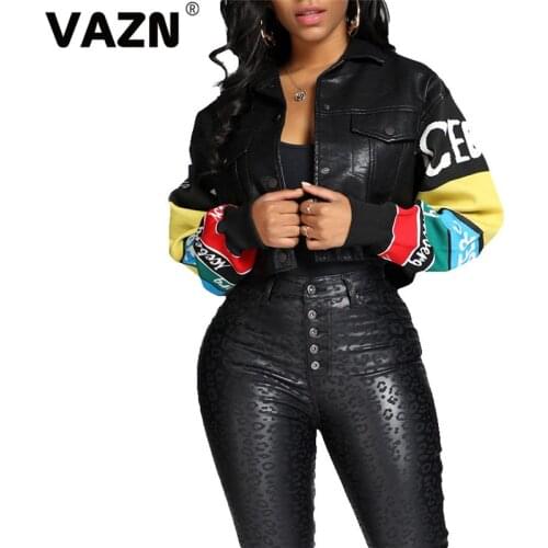 VAZN 2020 Hot Leather Patchwork Classic Black Sexy Sweet Young Free Fashion Letter Full Sleeve Slim Slim Short Outwears