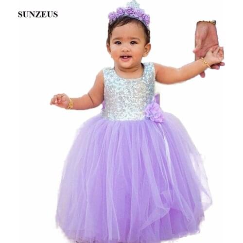 Ball Gown Purple Flower Girl Dress Long Puffy Tulle Kids Birthday Party Gowns With Sparkle Sequins Lace FLG009