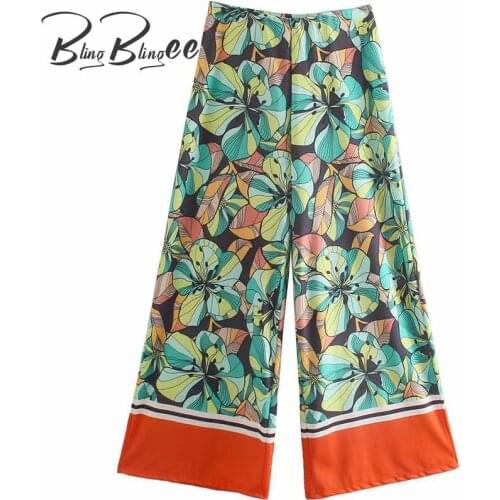 BlingBlingee Female Holiday Printed Loose Pants Summer Fashion High Waist Contrast Color Wide Leg Ankle Length Women Trousers