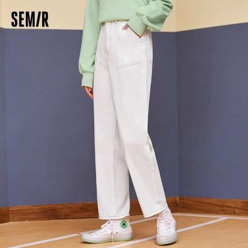 SEMIR Jeans Women Autumn 2021 New White Straight Pants Mid-Low Waist Design Sense Open-Line Pants Black