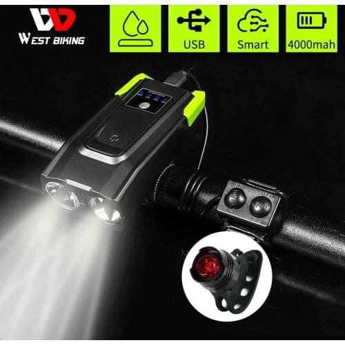 WEST BIKING Bike Light With Horn 800 Lumen LED Smart Induction Bicycle Front Lamp USB Rechargeable Safety Cycling Flashlight