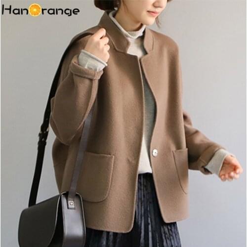 HanOrange 2021 Minimalist Style 100% Wool Double-sided Overcoat Women Cocoon Suit Woolen Coat