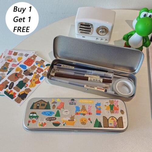 Ins Stationery Storage Iron Box Korean Cute Bear Diy Sticker Pencil Case School Large Capacity Simple Style Student supplies