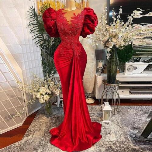 Puffy Sleeves Red Mermaid Evening Dresses Sheer Neck Velvet Pleats Appliques Arabic Aso Ebi Formal Party Gowns Women Prom Wear