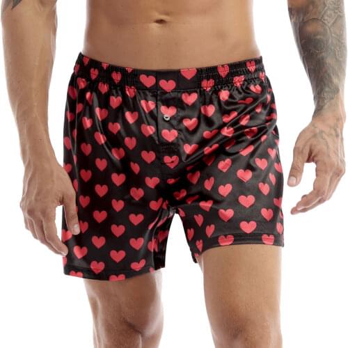 Mens Frilly Satin Boxers Shorts Silk Summer Lounge Halloween Underwear Loose Casual Sports Short Pants Bottoms Love Heart Print