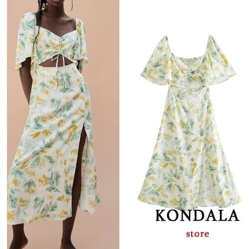KONDALA Za 2021 Boho Floral Maxi Stain Dress Women Short Sleeve Hollow Out Side Split Vintage Dress Summer Elegant Vestidos