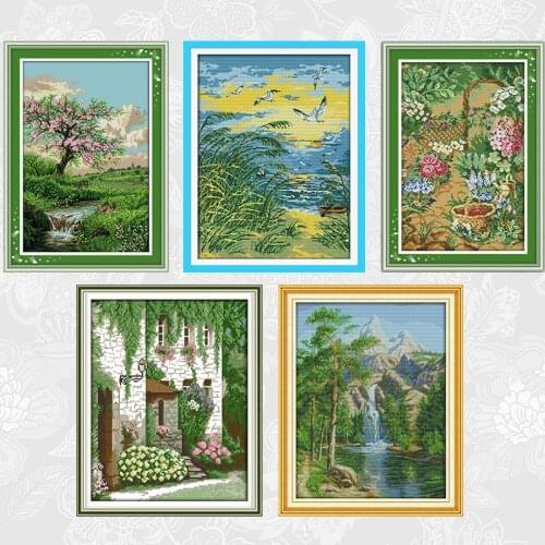 The Seaside Sunset Cross Stitch 11ct Printed Aida Fabric 14ct Counted Canvas Beautiful Scenery Embroidery DIY Needlework Sets