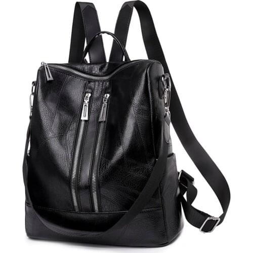 Women Large Capacity Knapsacks Soft PU Leather Solid Color Rucksacks Casual Ladies Zipper Anti-theft Backpacks
