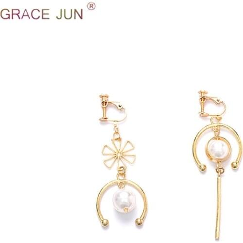 GRACE JUN Korea Style Geometric Flower Shape Clip on Earrings and Drop Pierced Earrings Fashion Bridal Wedding Charm Earrings