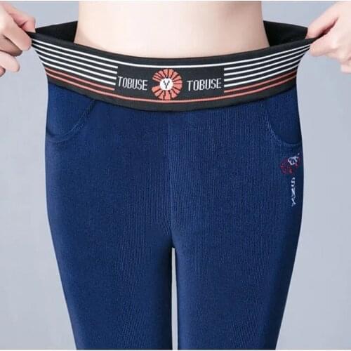 Embroidered corduroy pencil pants women spring high waist plus size 4XL slim Stretch pants ladies elegant Elastic waist trousers