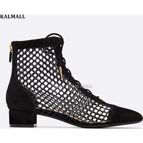 KALMALL Summer Fishnet Ankle Boots Sexy Breathable Low Heels Gladiator Lace Up mesh Shoes Runway Sandal Boots Big size 44